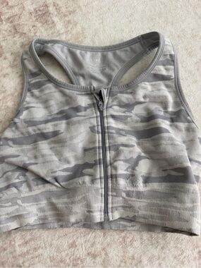 Pro Fit Gray Silver Camo Zip Front Sports Bra Women’s Large